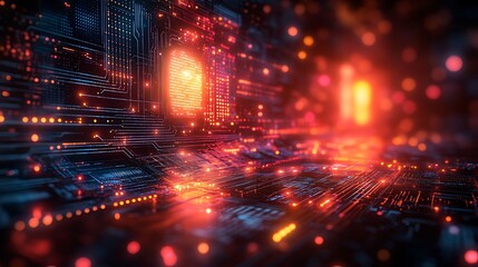 Obraz premium A futuristic digital fingerprint glows brightly in the center of an abstract circuit board, illuminated by red and orange lights.