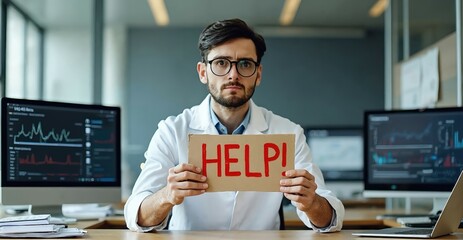 Stressed man in a lab coat holding a 'HELP' sign, seeking assistance in front of monitors. Scientist or doctor facing difficulties with complex data and systems.

