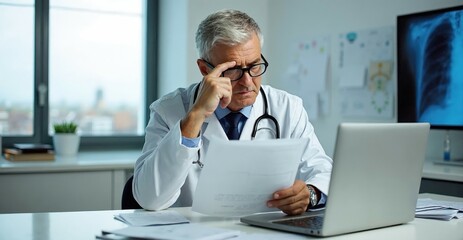Serious doctor reviewing patient reports in a modern office setting. Focused healthcare professional analyzing medical documents for diagnosis and treatment planning.
