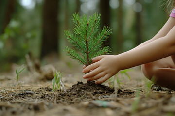 Child hands taking care of small pine tree sapling in the forest