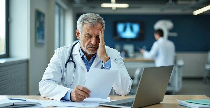 Frustrated doctor reading patient documents in a medical office. Healthcare professional overwhelmed by paperwork, dealing with stress and responsibility in medical practice.
