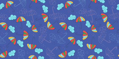 Pattern umbrellas line art. Cloud, rain. Raindrops. Rainy weather. Outline drawing. Seamless background.