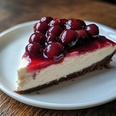  Cherry cheesecake slice with berry topping on a plate.