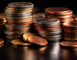 Monedas apiladas en montones aisladas en fondo negro