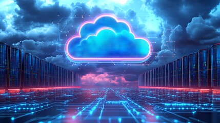 Futuristic Cloud Computing Network Servers. Digital illustration of cloud computing infrastructure with vibrant blue neon lights and futuristic data servers.