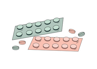 Set of medical preparations. Packages with tablets. Vitamins, medicines. Medicine, pharmacology, treatment. Vector illustration, isolated background