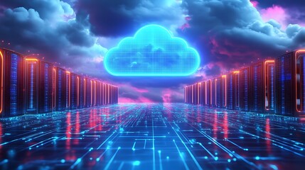 Futuristic Cloud Computing Network Servers. Digital illustration of cloud computing infrastructure with vibrant blue neon lights and futuristic data servers.