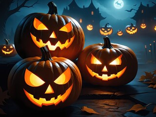 Spooky Halloween Night Forest with Glowing Jack o Lanterns Bats Zombies and Vampires under Full Moon Cartoon Illustration