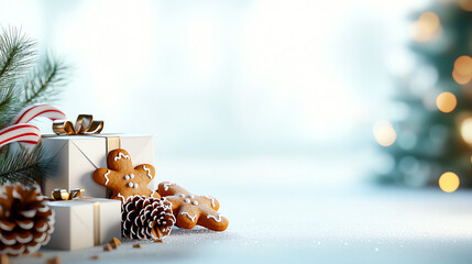 Festive Christmas scene with gingerbread cookies, pine cones, and gifts on a snowy background, evoking holiday warmth and joy.