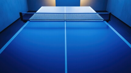 Obraz premium A table tennis table with blue surface, indoor setting with fluorescent lighting, Minimalist style
