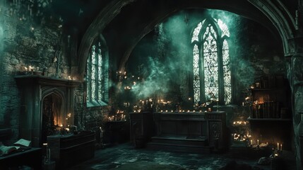 Fototapeta premium A coven of witches gathered inside an old stone chapel, casting a spell under the flickering light of candles, surrounded by spellbooks, potions, and mysterious relics, with the air thick with magic 
