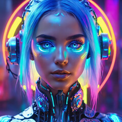 Fototapeta premium blue haired neon rainbow colourful cyborg woman looking at camera with glowing blue eyes, iridescent mist, fluorescent neon lights glowing, chromatic epic illumination, science fiction, fantasy