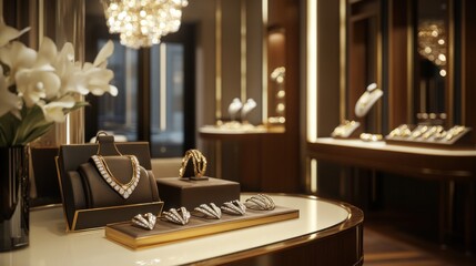 Fototapeta premium Elegant jewelry display in a luxurious store setting with soft lighting and decorative elements.