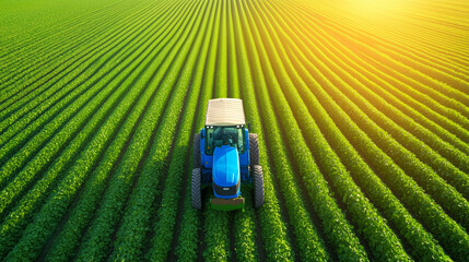 Tractor cultivating a lush green field at sunset in rural countryside