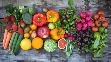 A colorful array of fresh fruits and vegetables displayed on a rustic wooden table