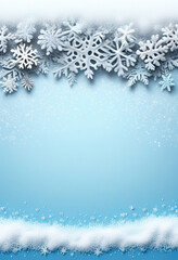 Ein winterlicher Rahmen aus Schneeflocken und Schnee, der einen großen, blauen Bereich in der Mitte freilässt, perfekt für Text oder Grafiken. generative KI.