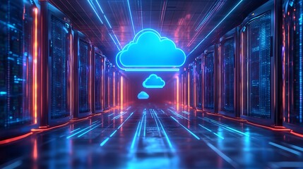 Obraz premium Futuristic Cloud Computing Network Servers. Digital illustration of cloud computing infrastructure with vibrant blue neon lights and futuristic data servers.