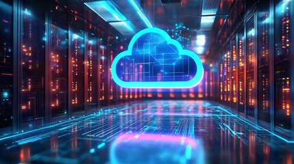 Fototapeta premium Futuristic Cloud Computing Network Servers. Digital illustration of cloud computing infrastructure with vibrant blue neon lights and futuristic data servers.
