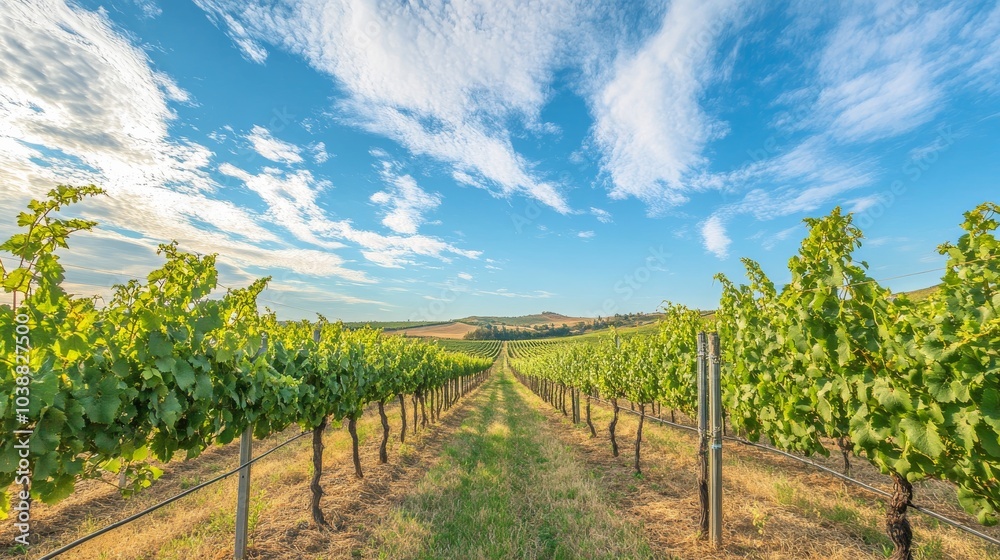 Aufkleber An expansive vineyard with rows of grapevines stretching under a blue sky, Harvesting tools and crates ready for grape picking, Winemaking tradition style