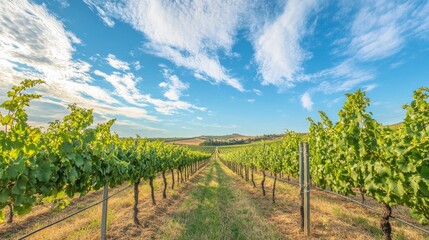 Obraz premium An expansive vineyard with rows of grapevines stretching under a blue sky, Harvesting tools and crates ready for grape picking, Winemaking tradition style