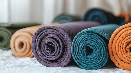 A collection of neatly rolled colored fabrics arranged in a row, showcasing different textures and hues.