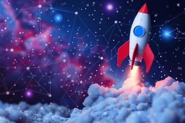 Fototapeta premium Futuristic rocket launching from a radiant digital landscape symbolizes innovation and exploration