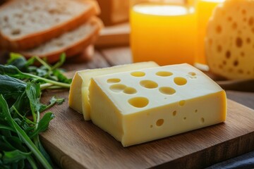 Cheese slices with greens on a wooden board orange juice and bread in the background Light background highlights maasdam cheese Dairy items under sunlight