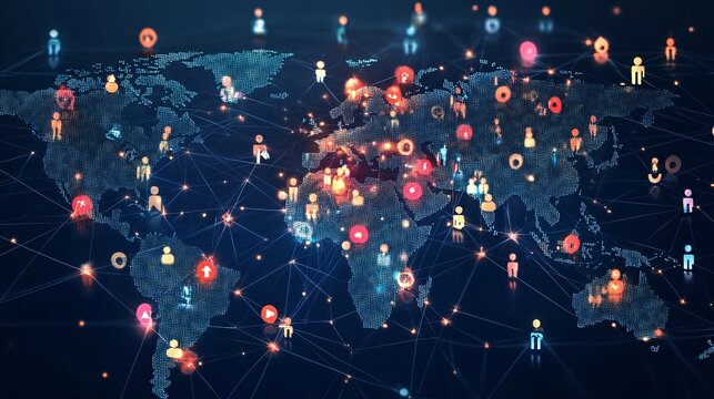 Global Network of Connected People and Social Media Icons on a World Map