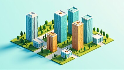 Generative, AI, isometric view of a stylized city with blue buildings and green parks on a light blue background.

