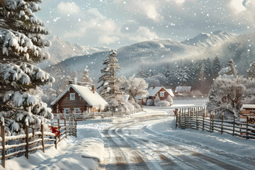 Fototapeta premium A snowy landscape with a road and houses in the background