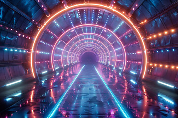 Obraz premium A neon tunnel with red, blue and green lights