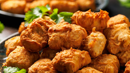 Homemade crispy fried chicken nuggets served with ketchup