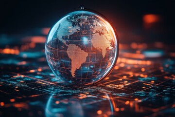 A glowing crystal globe shows a digital map with vibrant network connections at night