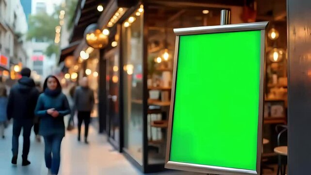Green screen poster board stand placed at the front of a shop