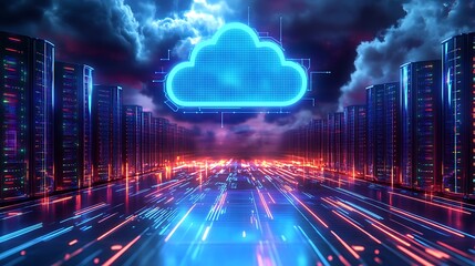 Obraz premium Futuristic Cloud Computing Network Servers. Digital illustration of cloud computing infrastructure with vibrant blue neon lights and futuristic data servers.