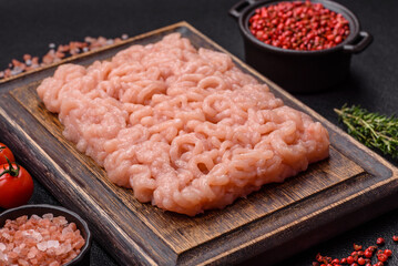 Fresh raw chicken mince with salt, spices and herbs