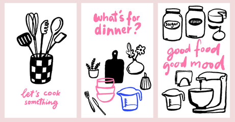 Kitchen posters wall art set, hand drawn trendy doodles drawing and lettering what is for dinner, good food good mood