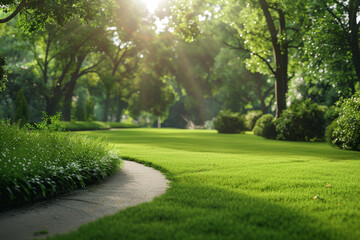 Fototapeta premium A lush green park with a path leading through it