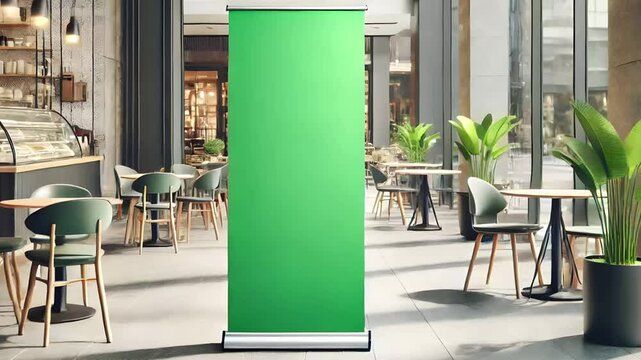 Green screen roll-up poster stand placed at the entrance of a restaurant or caf&eacute;