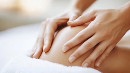 Naklejka premium Close-up of hands massaging essential oils into the skin, focus on wellness and rejuvenation