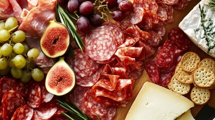 A tantalizing charcuterie board boasting an array of cured meats, artisanal cheeses, and gourmet crackers
