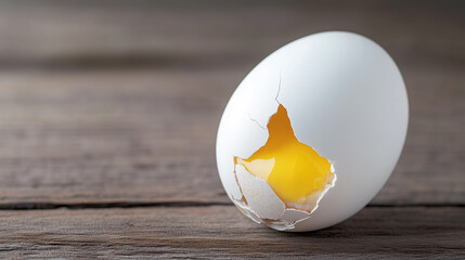 Cracked white egg revealing bright yellow yolk on rustic wooden table in natural light