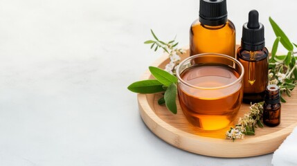 Freshly made herbal tea and essential oils displayed on a wooden tray, spa wellness