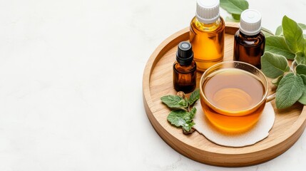 Freshly made herbal tea and essential oils displayed on a wooden tray, spa wellness