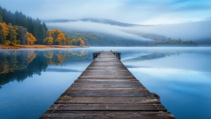 Naklejka premium Serene reflection a tranquil wooden dock nestled amidst misty autumn landscape at dawn