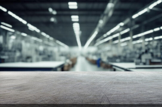 blurred background of factory and empty metal tabletop in foreground. Business presentation