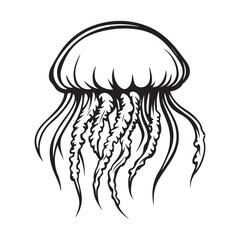 Black vintage silhouette jellyfish icon logotype and vector illustration, Jellyfish vector for logo or icon, coloring page for kids, line art, black and white