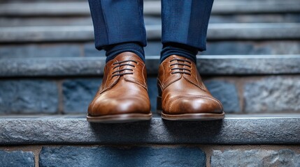 Closeup of determined businessmans feet ascending a steep staircase, business concept