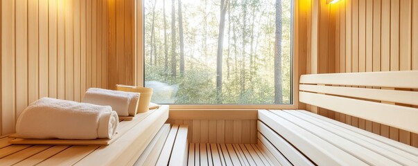 Luxurious sauna with panoramic glass windows overlooking a forest, warm and inviting