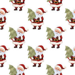 Christmas watercolor pattern with Santa and his reindeer on a white background. Festive seamless patterns with Christmas symbols. Holiday seamless paper, winter patterns with Santa.